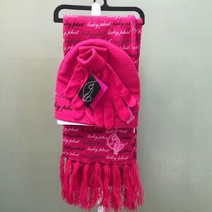 Baby Phat Women's Pink Mono Print 3pc Scarf, Beanie & Glove Set Sz. OS NWT